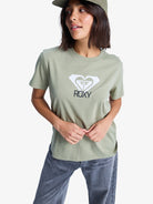 Camiseta ROXY Ocean Road Art Oil Green para mujer con logo ROXY en el pecho y estilo surfer casual