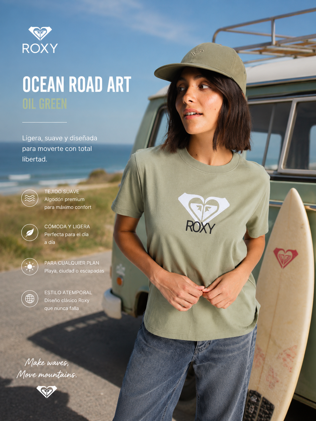 Camiseta Roxy Ocean Road Art Oil Green estilo beach lifestyle premium para mujer