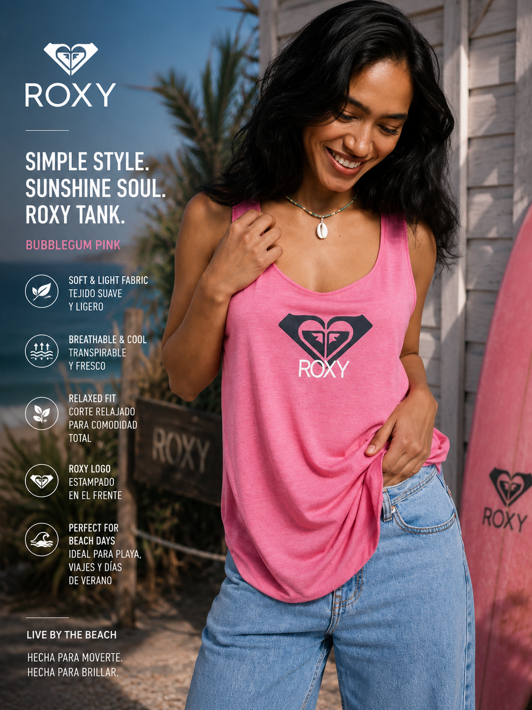 Camiseta Roxy Surfclassic Sangria Sunset rosa para mujer en escena beach lifestyle premium con estética surf femenina