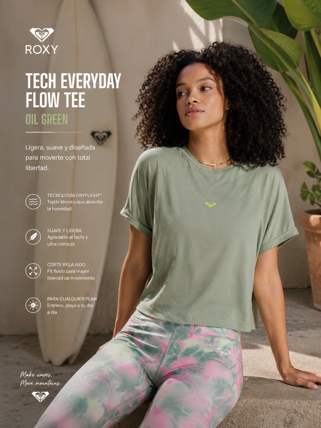 Camiseta Roxy Tech Everyday Flow Tee Oil Green estilo active beach lifestyle premium para mujer