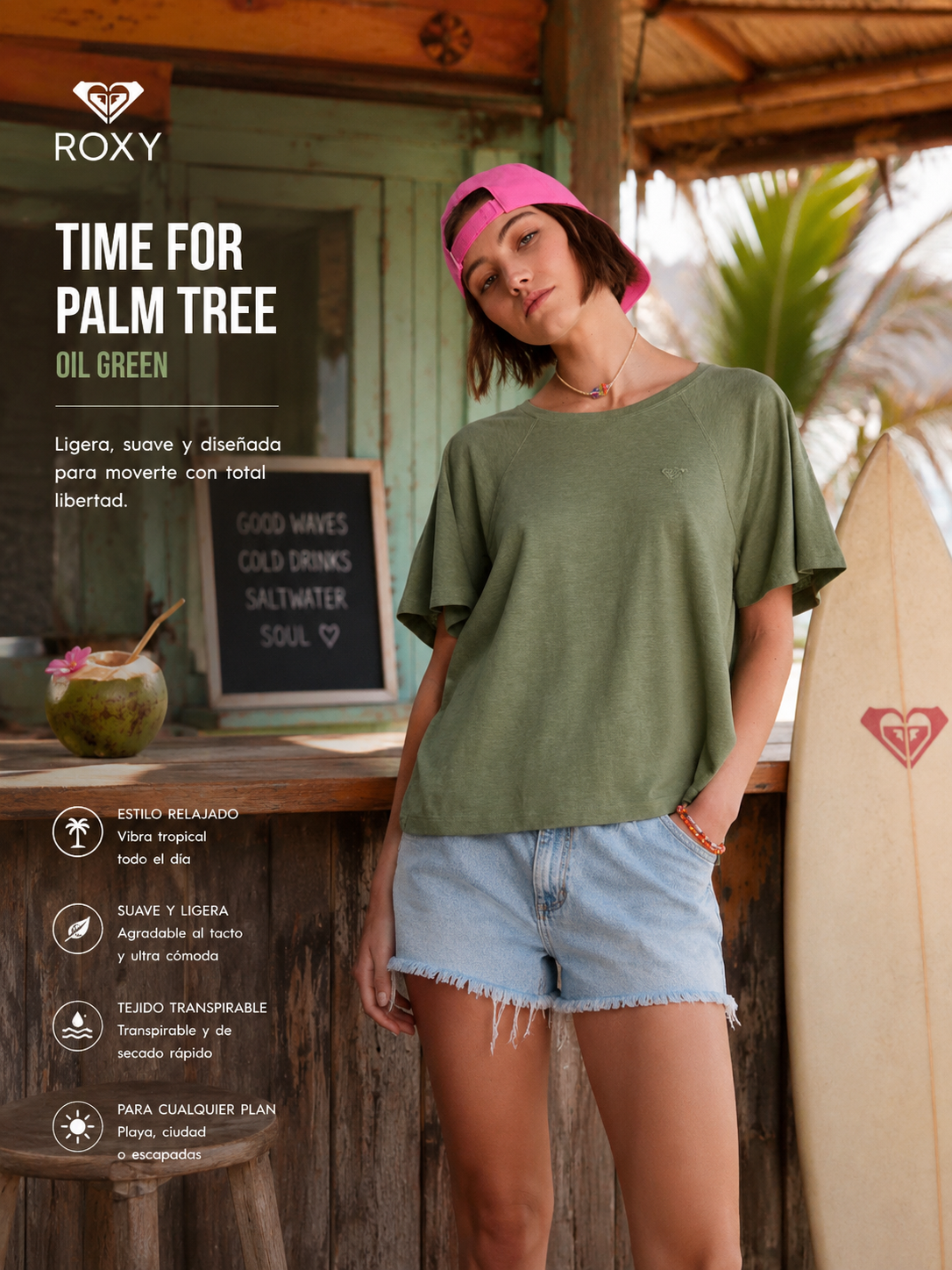 Camiseta Roxy Time For Palm Tree Oil Green estilo beach lifestyle premium para mujer