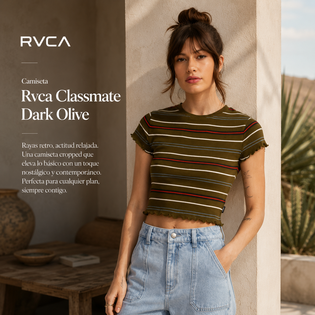 Camiseta Rvca Classmate Dark Olive de mujer en club tropical Bali con estética editorial surfwear premium