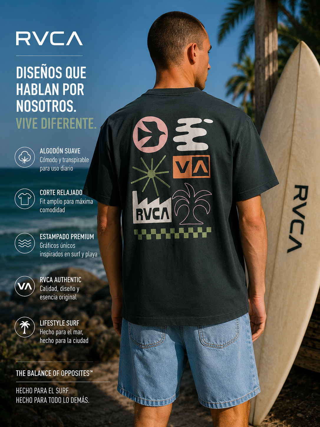 Camiseta RVCA Mirage Pirate Black para hombre en escena surf lifestyle premium junto al mar