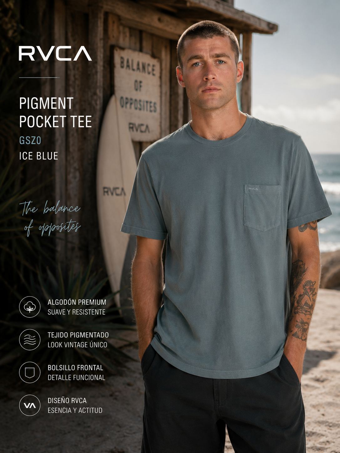 Camiseta RVCA PTC 2 Pigment Lead hombre en escenario surf coastal premium con estética editorial cinematográfica y beach shack