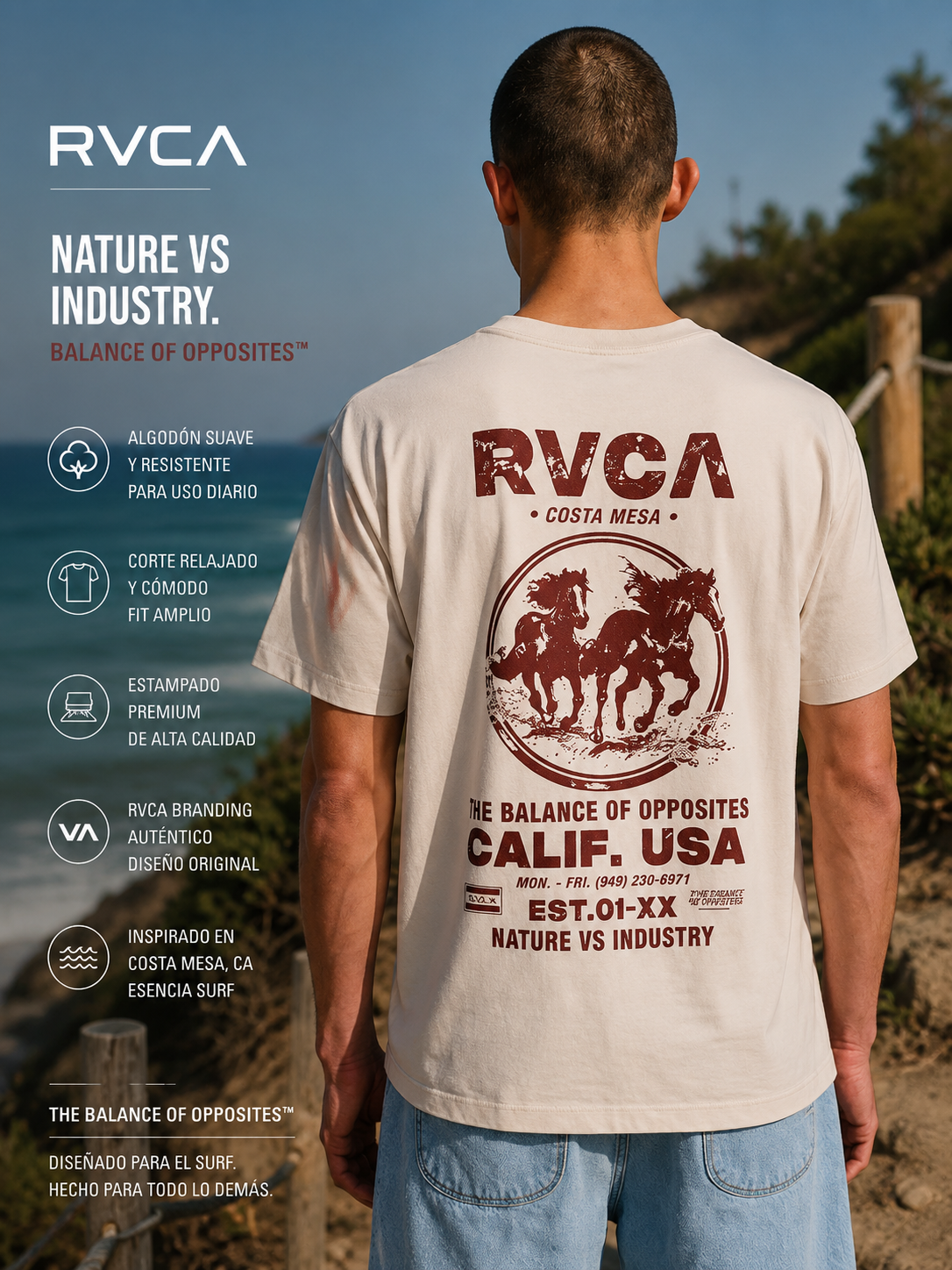 Camiseta RVCA Ride Free Moonbeam para hombre en escena surf lifestyle premium inspirada en Costa Mesa California