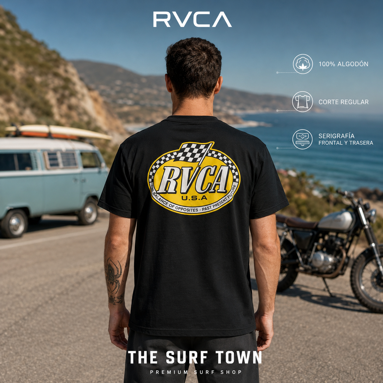 Hombre con camiseta RVCA Speed Check Black en una carretera costera, imagen editorial propia de THE SURF TOWN