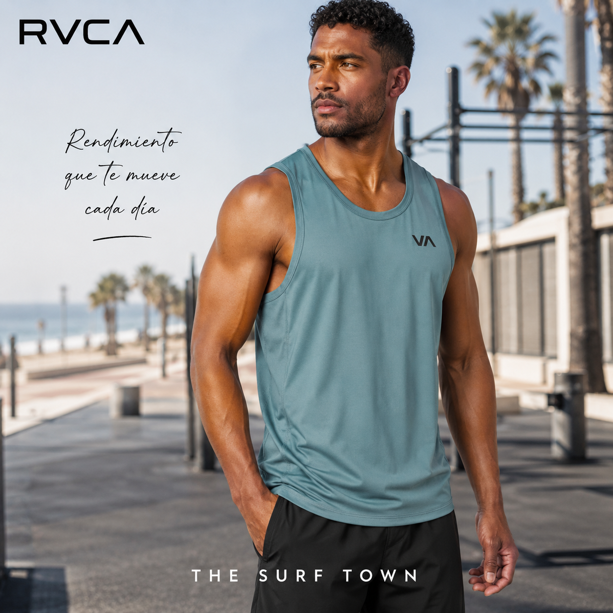 Fotografía editorial propia de THE SURF TOWN de la camiseta sin mangas RVCA Sport Vent Lead para hombre durante entrenamiento outdoor junto al mar con estilo deportivo y surf lifestyle.