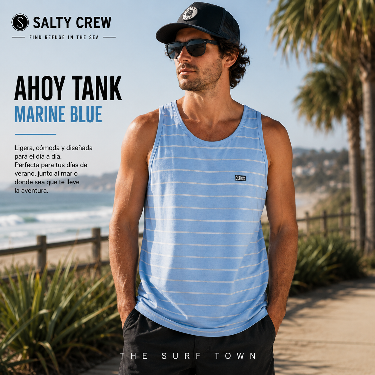 Imagen exclusiva creada por THE SURF TOWN de la camiseta de tirantes Salty Crew Ahoy Tank Marine Blue para hombre en entorno surf lifestyle premium junto al mar