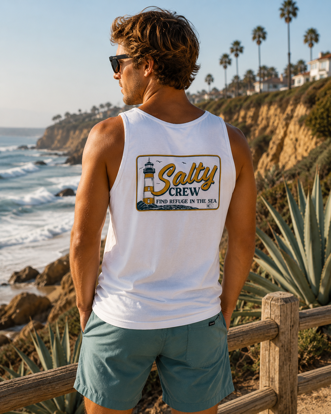 Camiseta Salty Crew Ashore Tank White para hombre en entorno costero junto al mar con estilo surf lifestyle premium y ambiente Costa del Sol
