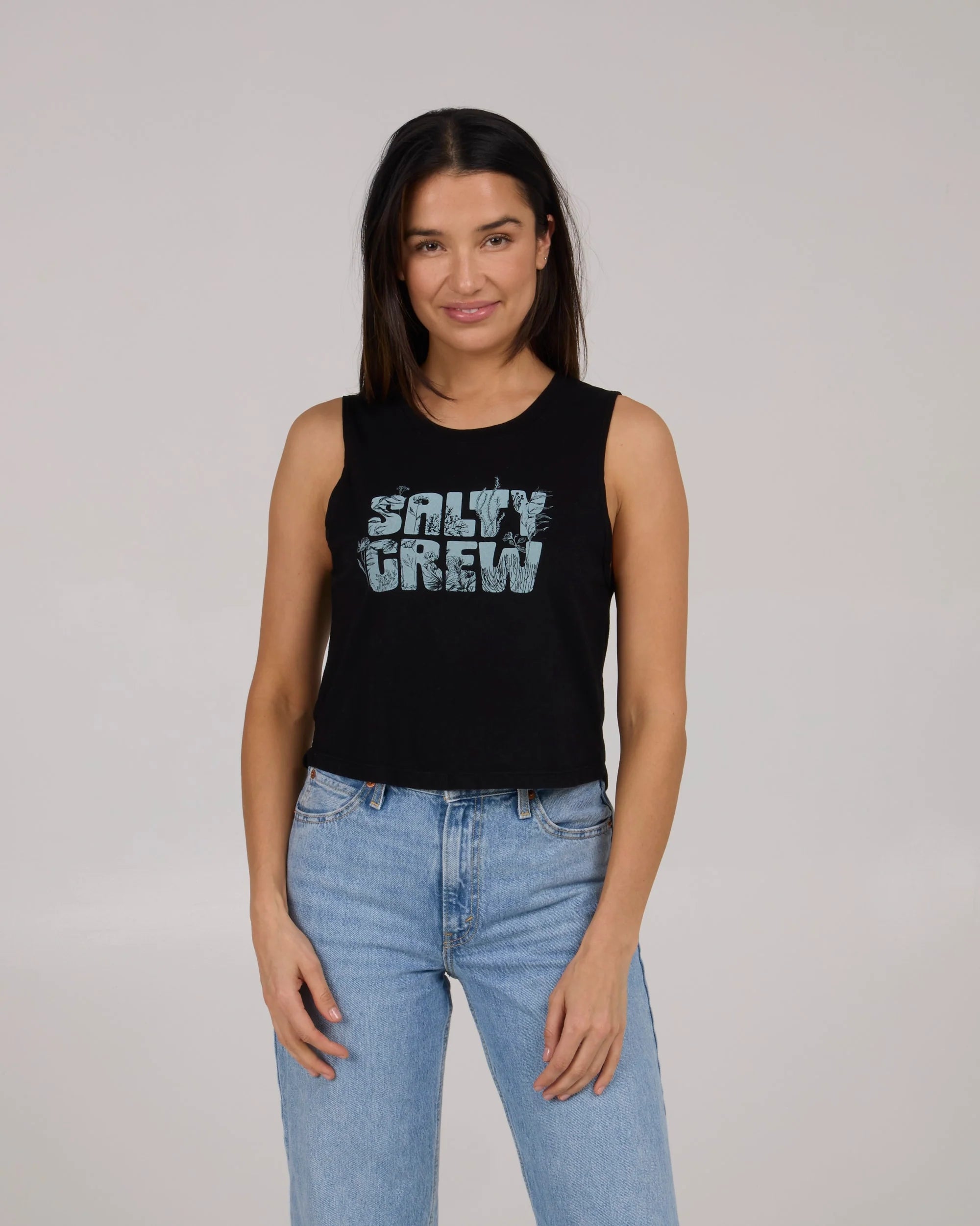 Top Salty Crew Sea Life Cropped Tank negro mujer camiseta sin mangas estilo surf
