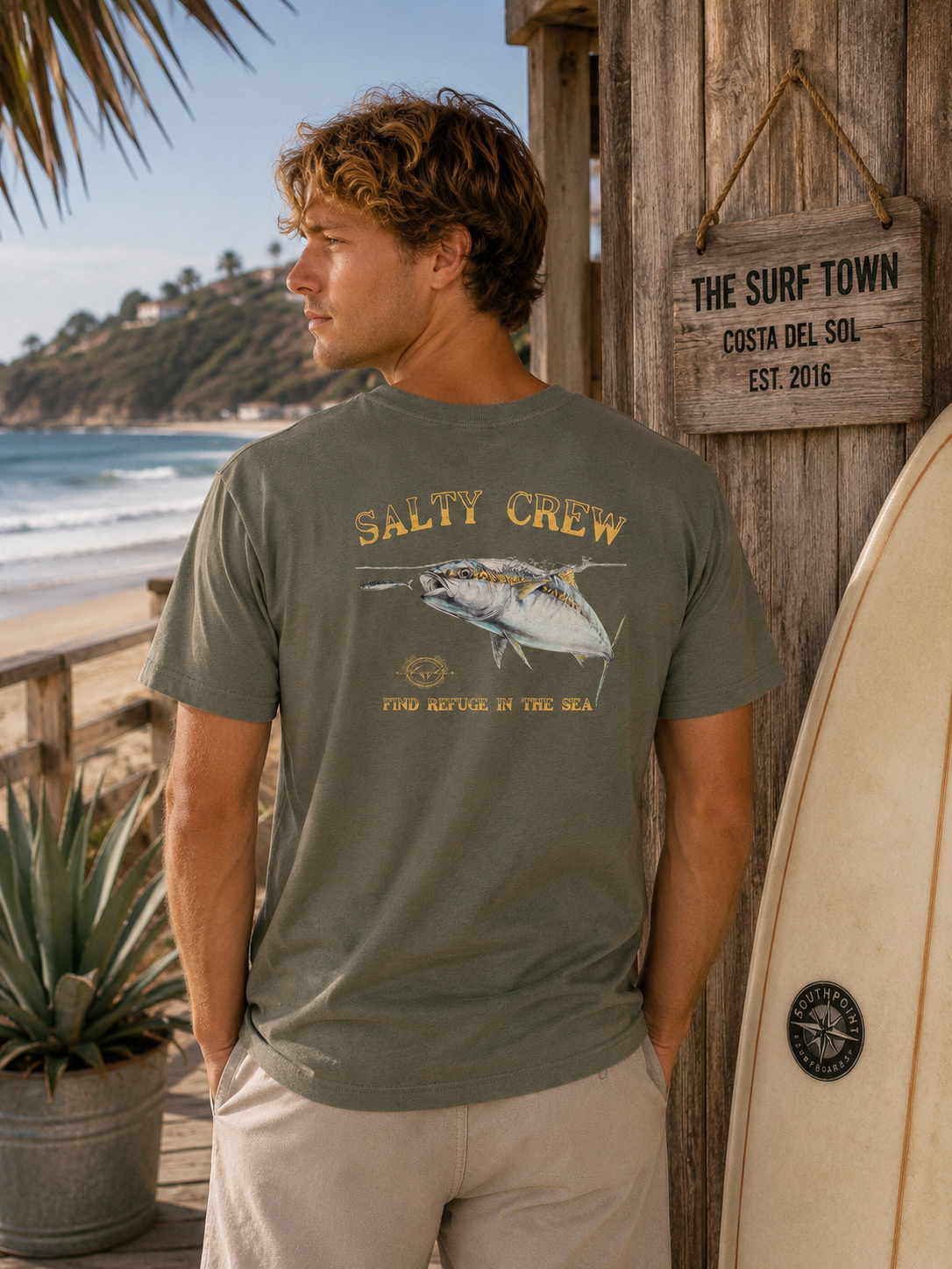 Camiseta Salty Crew Surface Classic Olive para hombre en ambiente surf lifestyle junto a la playa con estilo Costa del Sol y beach vibes premium