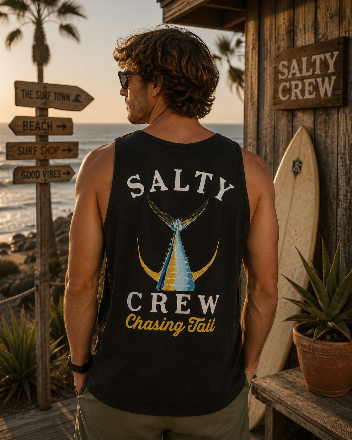 Camiseta sin mangas hombre Salty Crew negra en entorno surf shack premium al atardecer con cartel The Surf Town frente al mar Costa del Sol