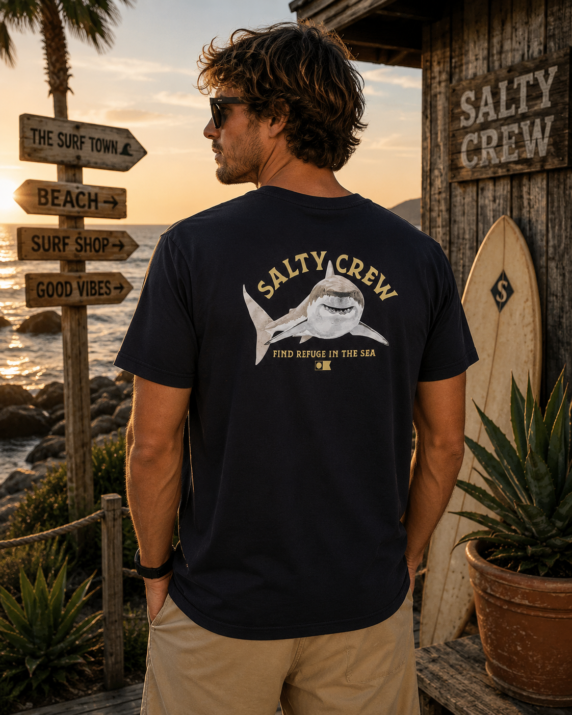 Camiseta hombre Salty Crew tiburón Lurking SS Tee negra en entorno surf shack premium con cartel The Surf Town al atardecer frente al mar Costa del Sol