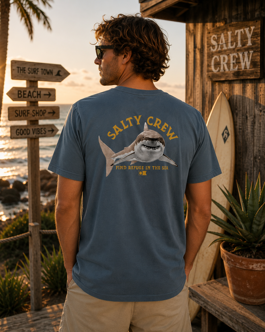 Camiseta hombre Salty Crew tiburón Lurking SS Tee color slate en entorno surf shack premium con cartel The Surf Town al atardecer Costa del Sol