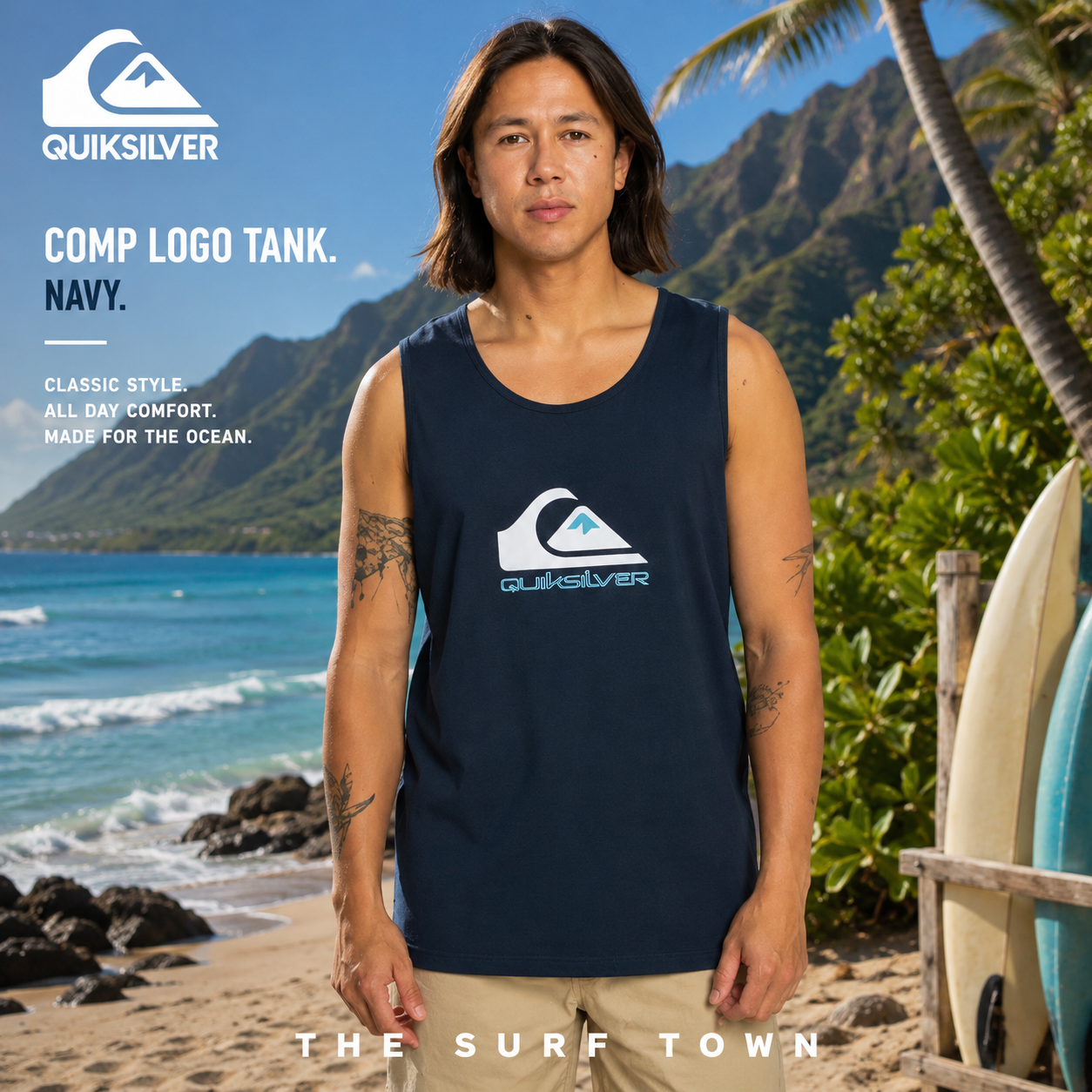 Camiseta de tirantes Quiksilver Comp Logo Tank Navy en fotografía editorial propia de THE SURF TOWN en playa tropical de Hawái con luz natural diurna y estilo surf lifestyle premium