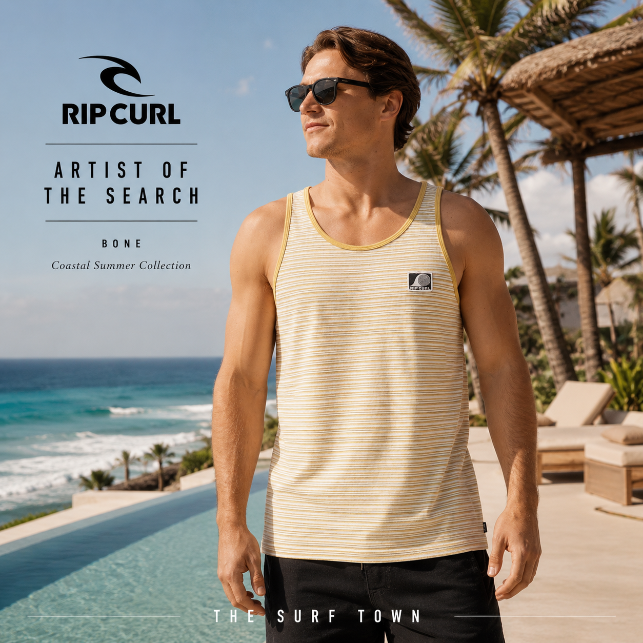 Camiseta Tirantes Rip Curl Artist Of The Search Bone para hombre en color arena con rayas finas estilo surf fotografía editorial propia de THE SURF TOWN