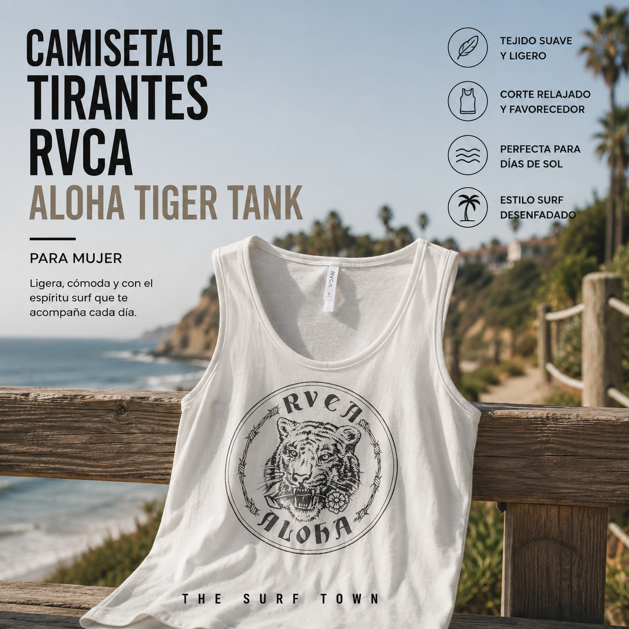 Camiseta de tirantes RVCA Aloha Tiger Tank para mujer en fotografía editorial propia de THE SURF TOWN, camiseta blanca sin mangas con gráfico tiger aloha y estilo surf lifestyle premium