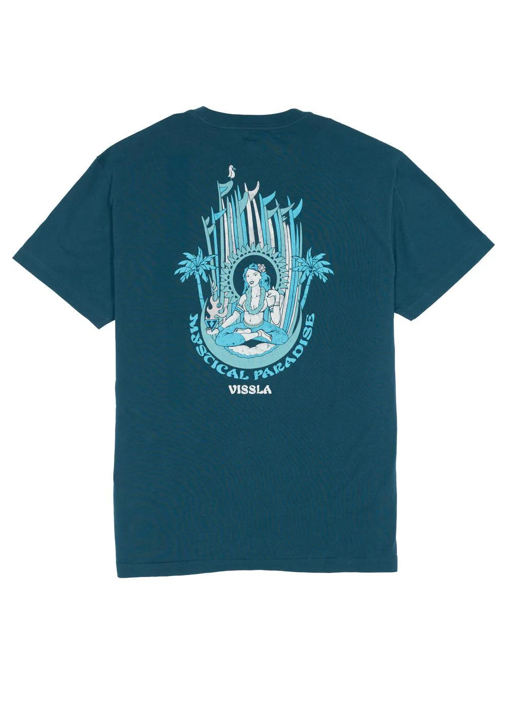 Camiseta Vissla Mystical Paradise Eco Tee color midnight con diseño surf místico sostenible para hombre