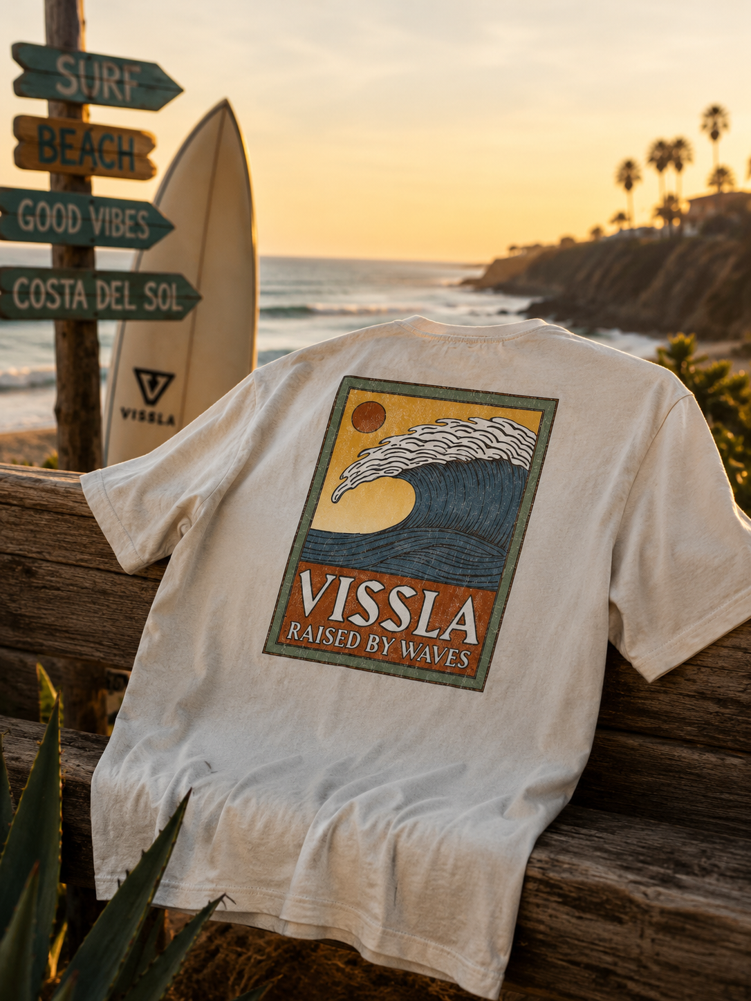 Camiseta Vissla Peaky Tee blanca estilo surf lifestyle frente al mar al atardecer