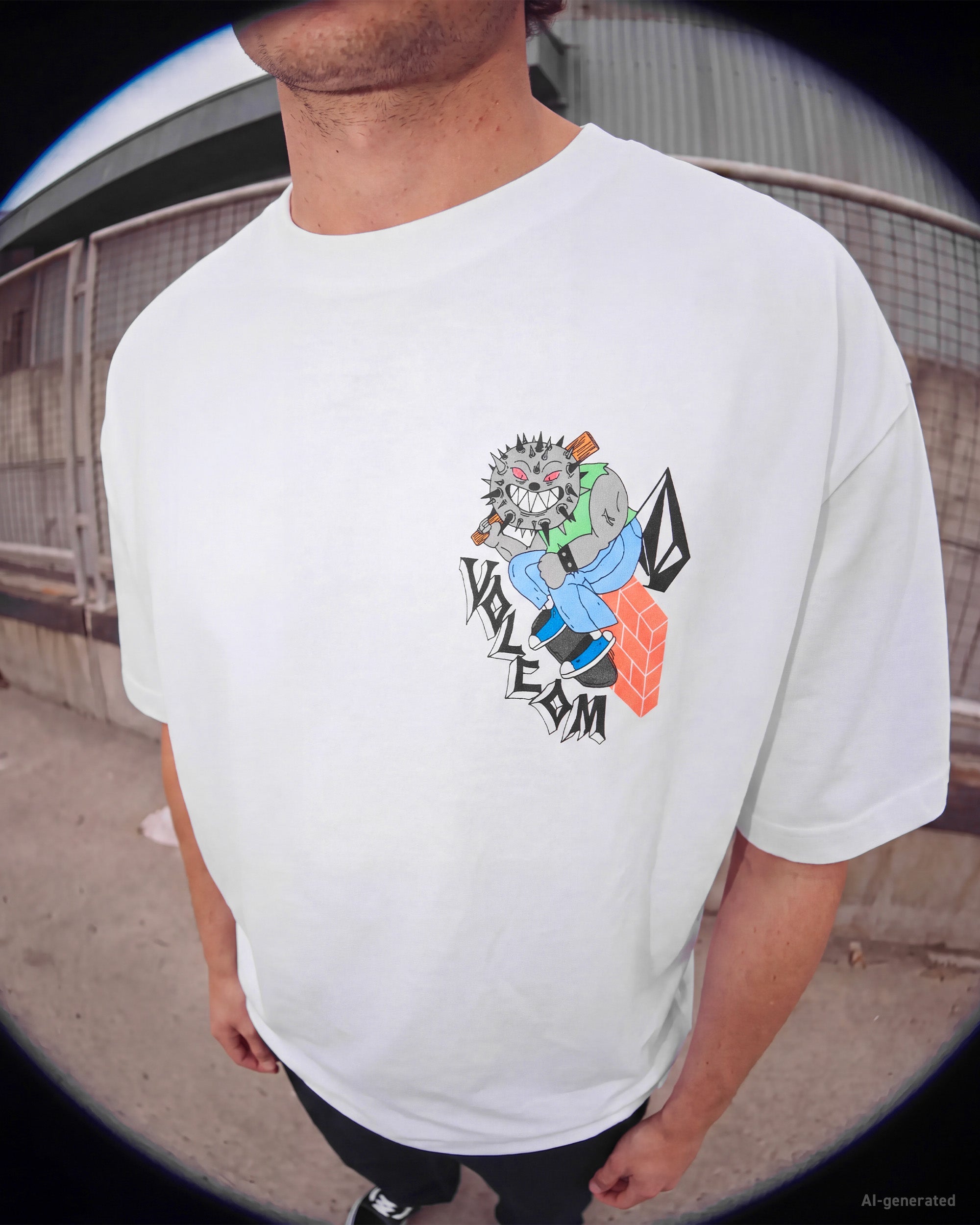 Camiseta Volcom SK8 Break White detalle de la gráfica oficial