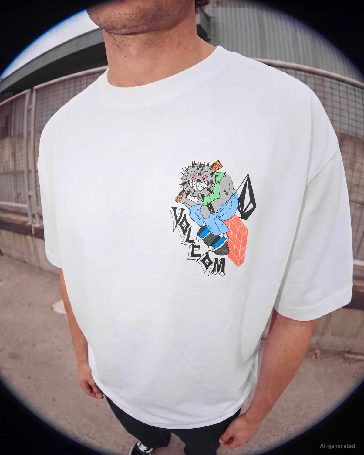Camiseta Volcom SK8 Break White detalle de la gráfica oficial