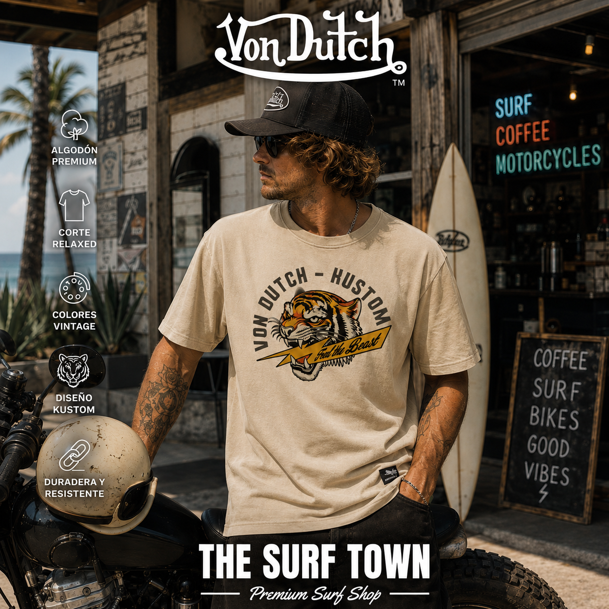 Camiseta Von Dutch Tiger Off White con gráfico frontal Tiger, imagen editorial propia de THE SURF TOWN inspirada en la cultura Kustom, el surf y las motos café racer.