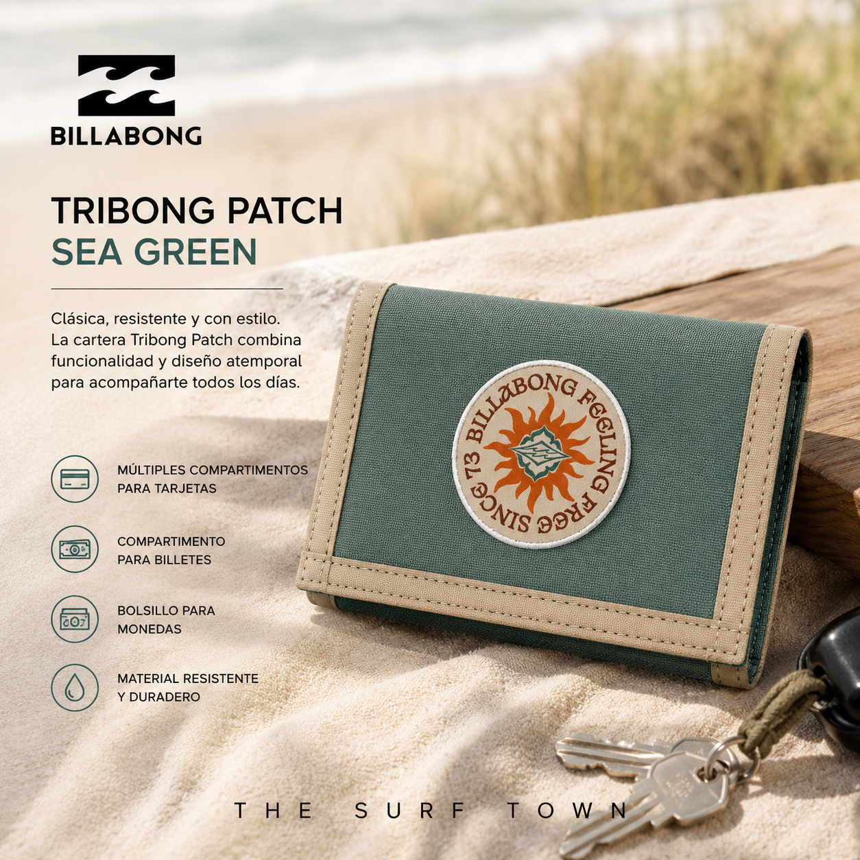 Cartera Billabong Tribong Patch Sea Green en fotografía editorial propia de THE SURF TOWN con estilo surf lifestyle premium y luz solar intensa