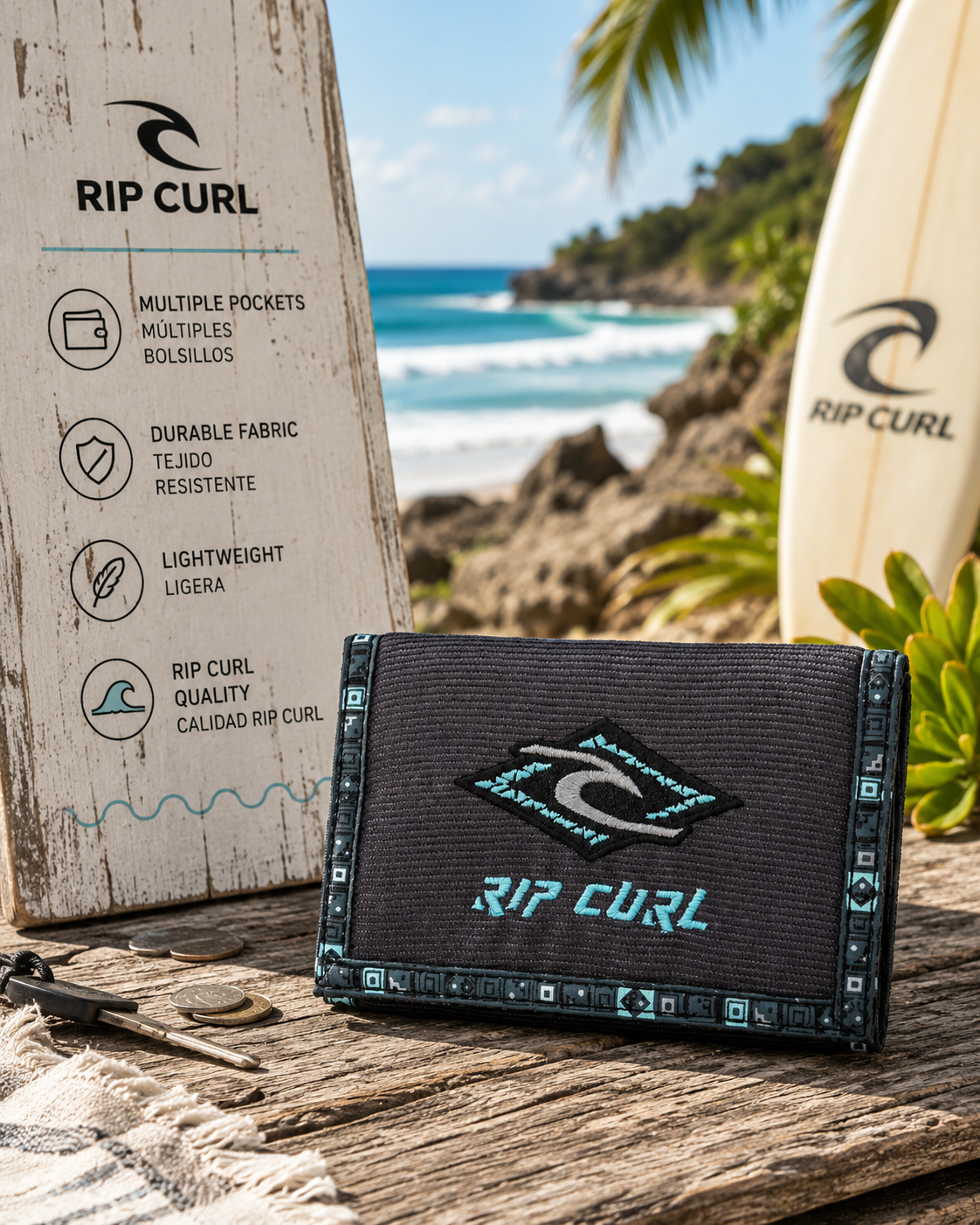 artera Rip Curl Archive Black Blue en escenario surf lifestyle premium con estética coastal adventure luminosa