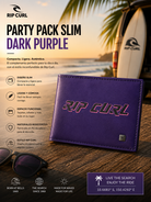 Cartera Rip Curl Party Pack Slim Dark Purple morada en escena editorial surf retro lifestyle premium