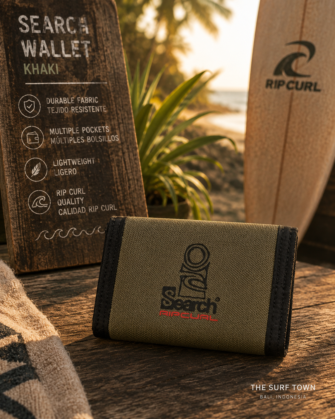Cartera Rip Curl The Search Deep Cactus estilo surf adventure premium en escenario coastal lifestyle cinematográfico