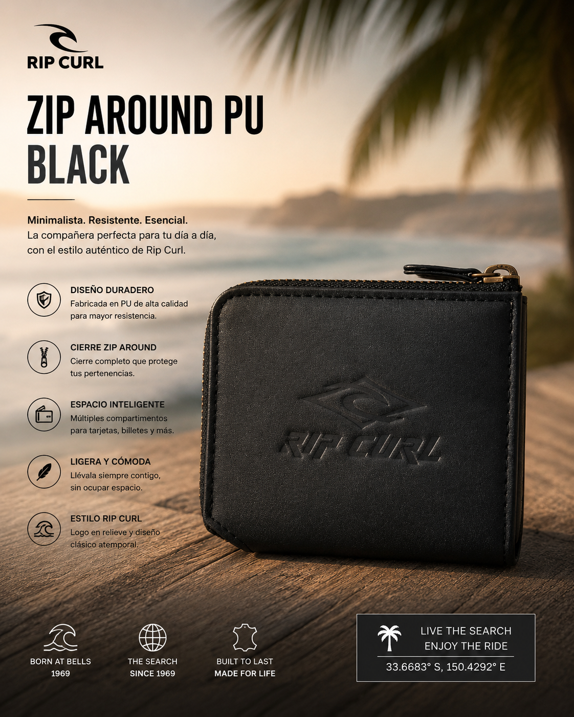 Cartera Rip Curl Zip Around PU BLACK negra con cierre cremallera en escena editorial coastal lifestyle premium
