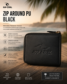 Cartera Rip Curl Zip Around PU BLACK negra con cierre cremallera en escena editorial coastal lifestyle premium