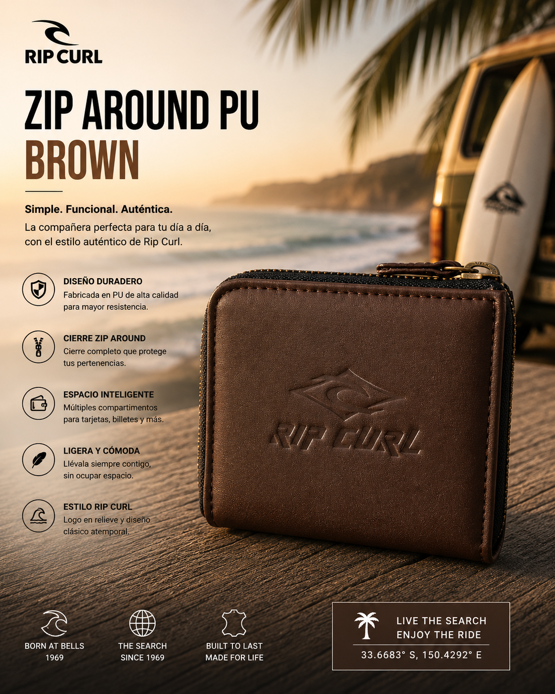 Cartera Rip Curl Zip Around PU Brown marrón con cierre cremallera en escena editorial surf coastal premium