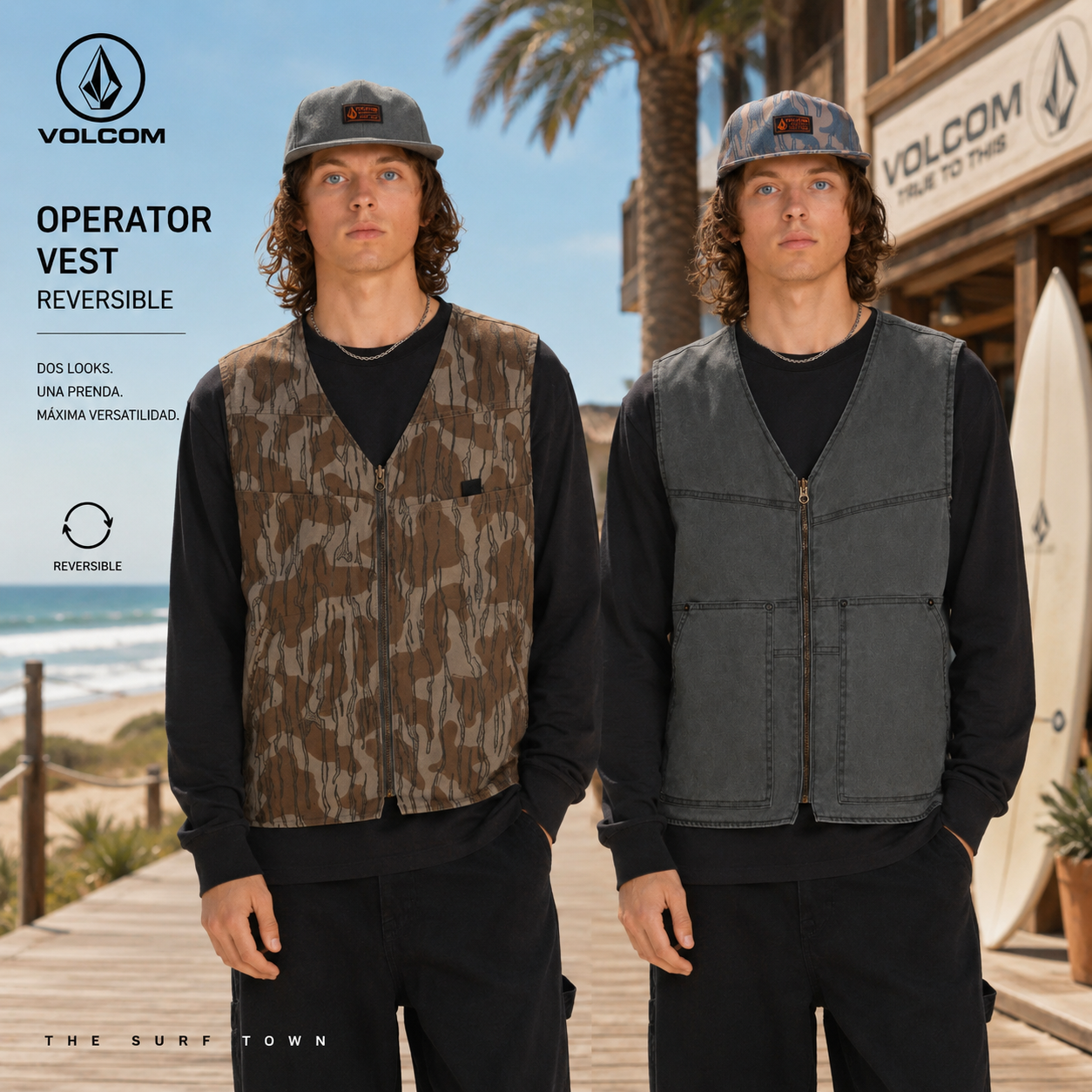 Chaleco Volcom Operator Vest Reversible en entorno surf lifestyle frente al mar, fotografía editorial propia de THE SURF TOWN mostrando sus dos versiones reversibles