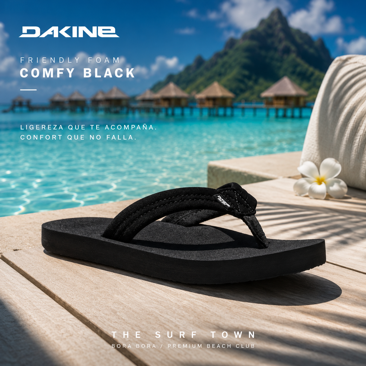 Chanclas Dakine Friendly Foam Comfy Black para mujer en fotografía editorial propia de THE SURF TOWN inspirada en un beach club premium de Bora Bora