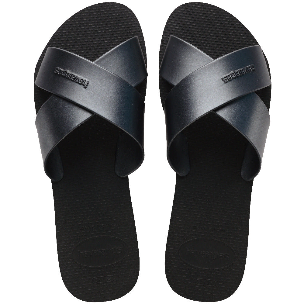 Sandalias Havaianas Aqua Metallic Black mujer con tiras cruzadas negras metálicas y suela de goma cómoda para playa, piscina o uso diario en verano