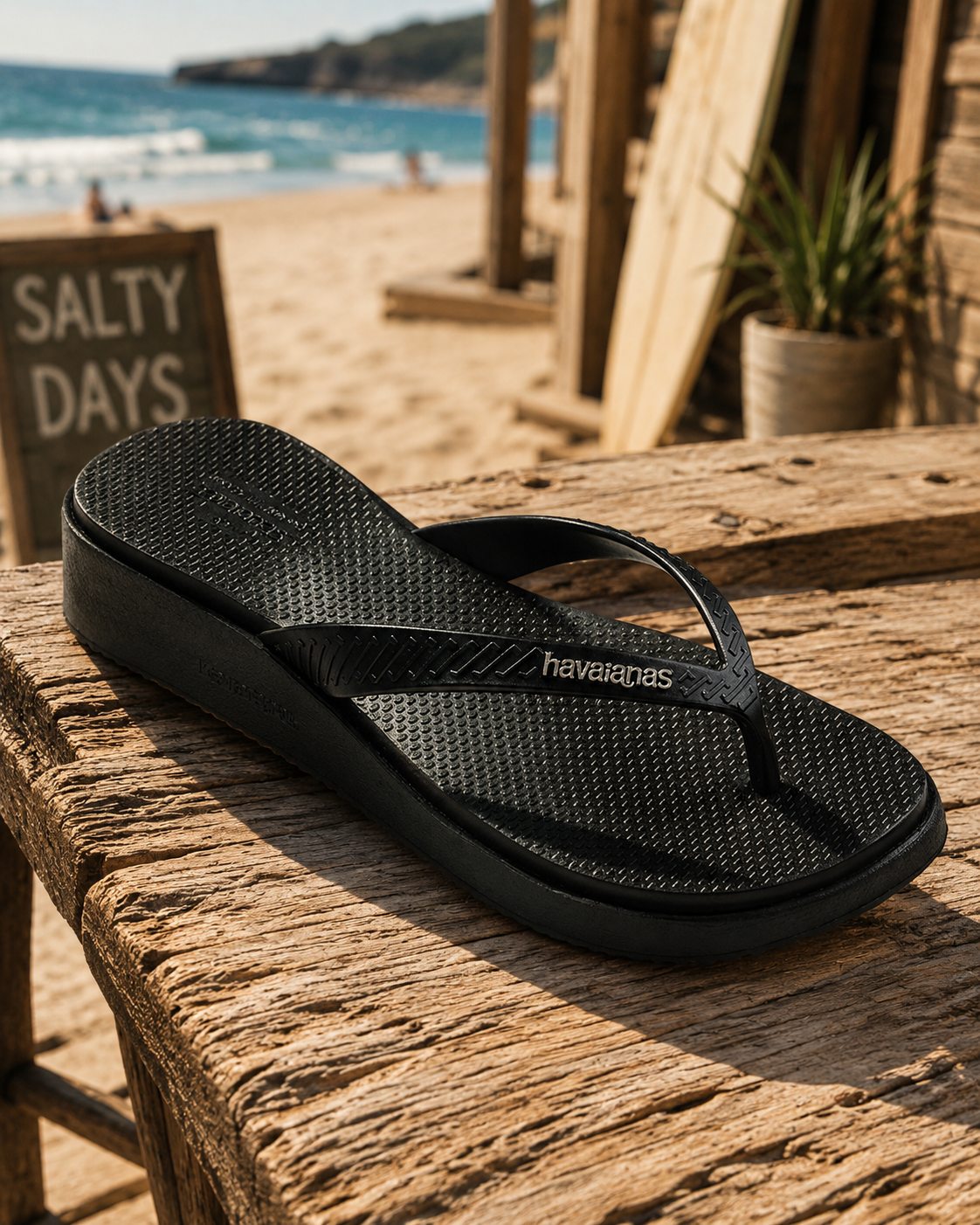 Chanclas Havaianas High Platform II Black para mujer sobre madera junto a la playa con estilo beach lifestyle premium y ambiente Costa del Sol