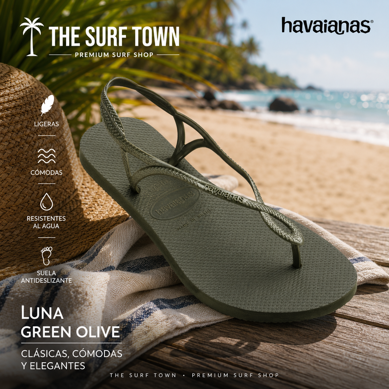 Chanclas Havaianas Luna Green Olive para mujer en color verde oliva con tiras finas y diseño elegante