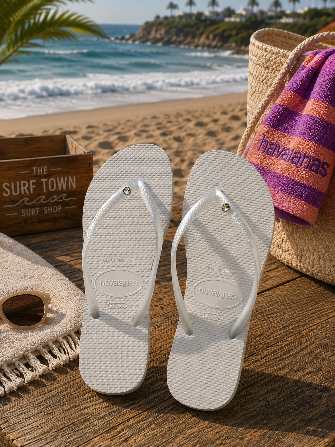 Chanclas Havaianas Slim Crystal blancas para mujer en ambiente beach surf lifestyle premium