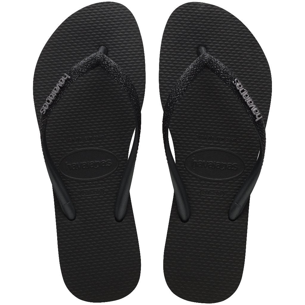 Chanclas Havaianas Slim Glitter II Black mujer negras con tiras finas glitter brillantes y suela cómoda de goma ideales para verano, playa y piscina