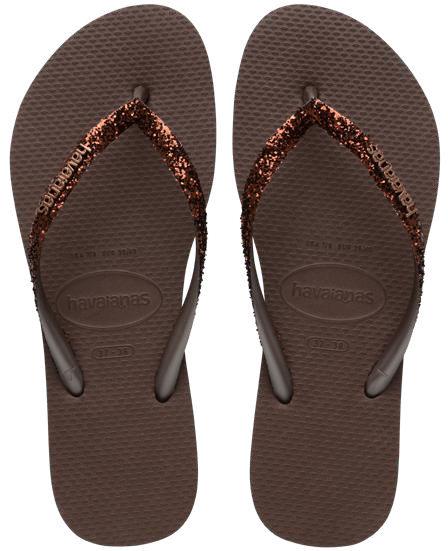 Chanclas Havaianas Slim Glitter II Brown mujer marrones con tiras finas glitter brillantes y suela cómoda de goma ideales para verano, playa y piscina