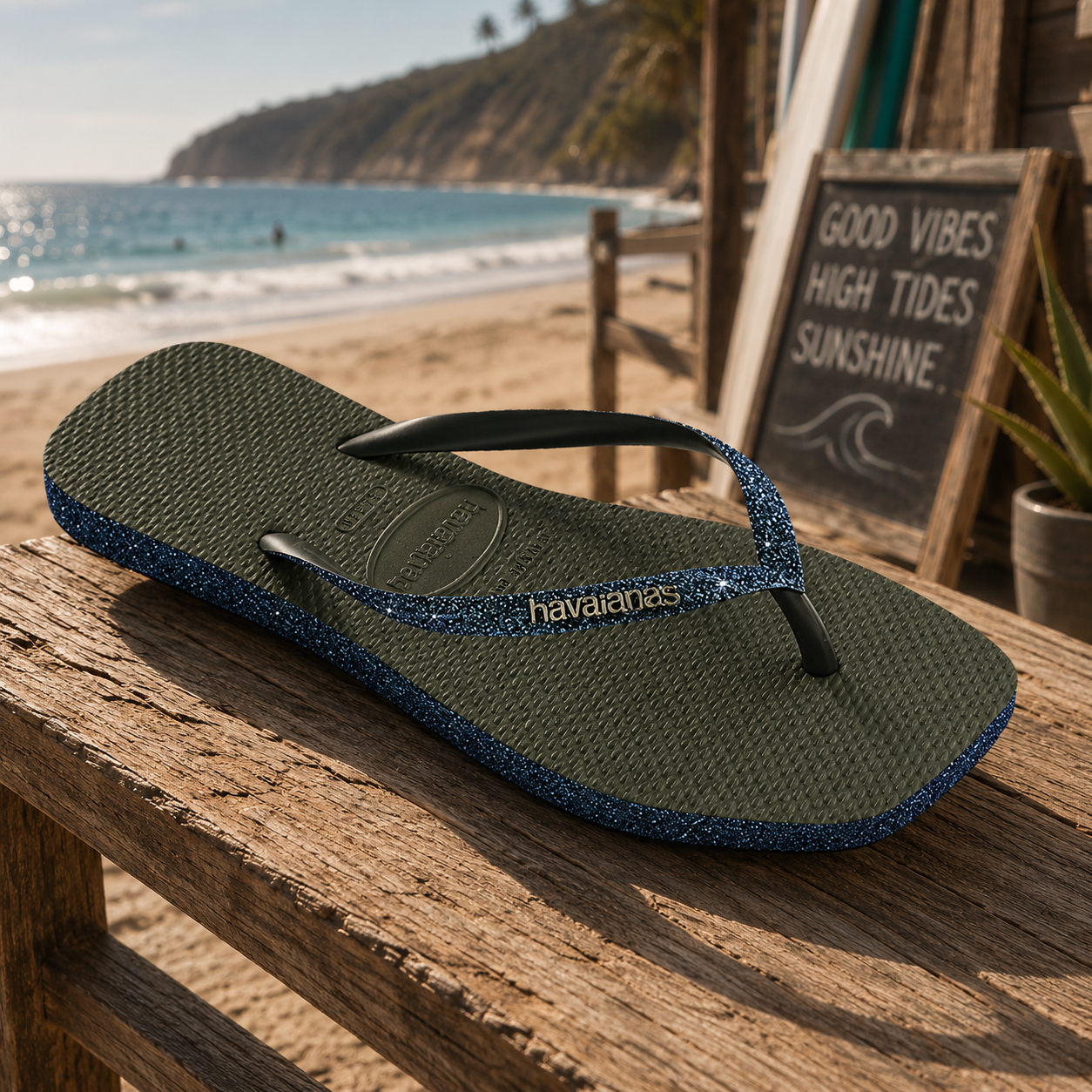 Chanclas Havaianas Slim Square Logo Sparkle Green Olive para mujer sobre madera junto a la playa con estilo beach lifestyle premium y ambiente Costa del Sol