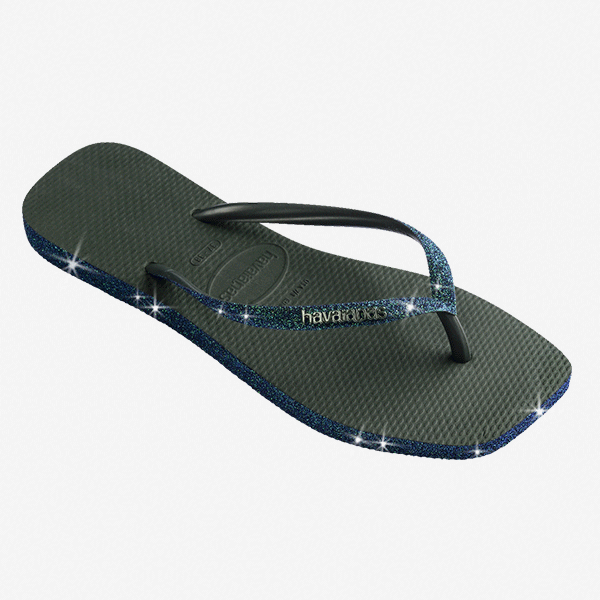 Chanclas Havaianas Slim Square Logo Sparkle Green Olive para mujer con tiras brillantes y diseño elegante verde oliva