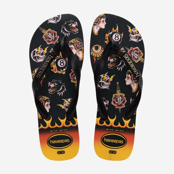 Chanclas Havaianas Top Tribo Red Black negras con diseño tattoo old school en rojo y amarillo