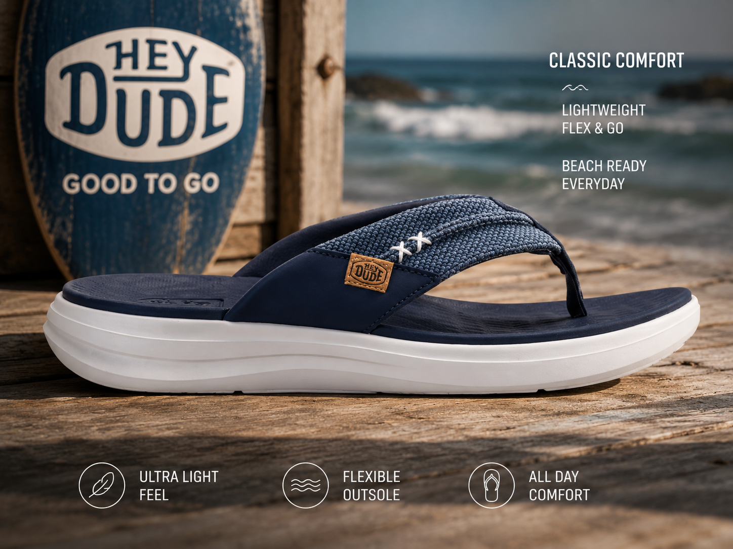 Chanclas Hey Dude Finn Flip Braided Navy hombre en beach deck premium con estética coastal lifestyle y fotografía editorial cinematográfica
