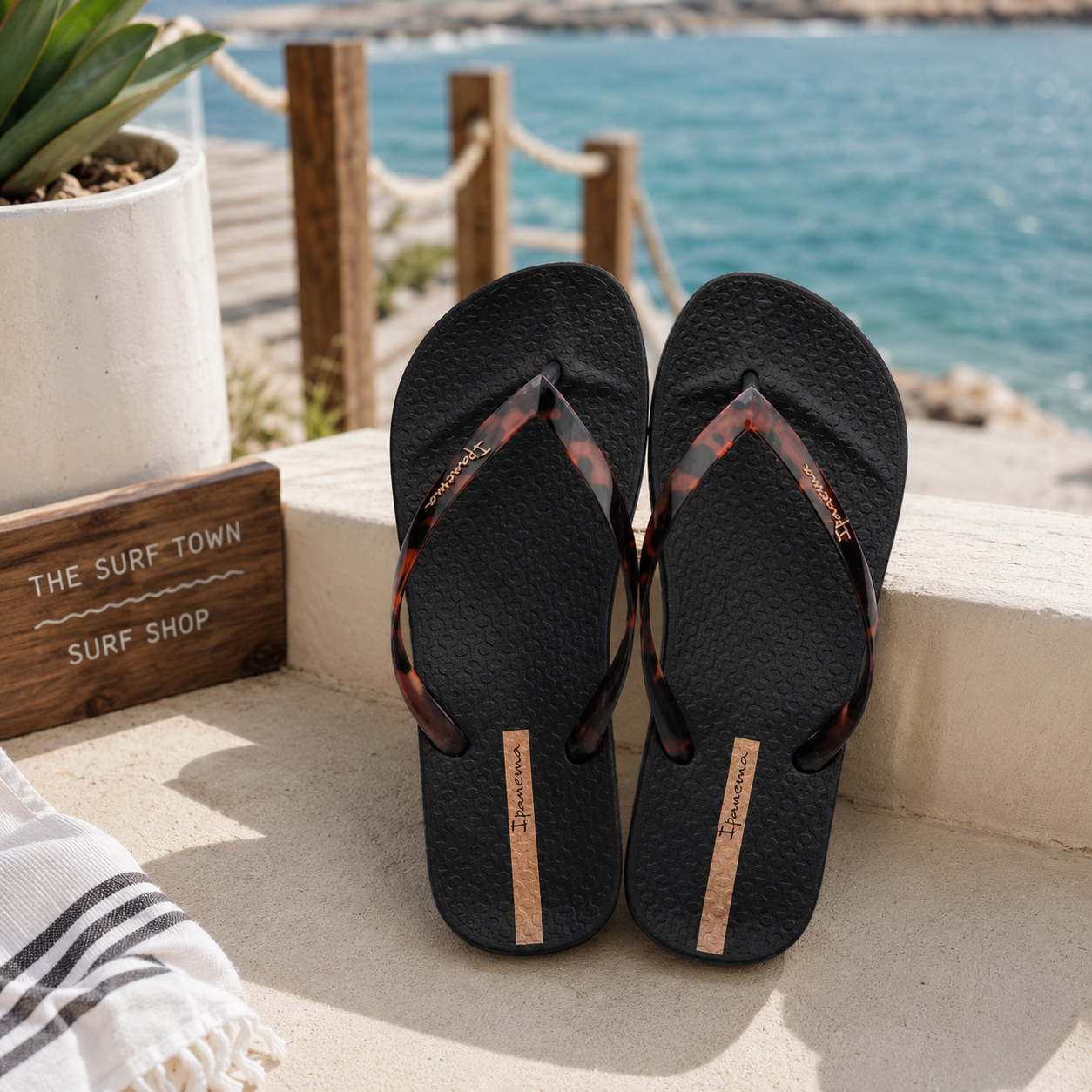 Chanclas Ipanema negras para mujer con tiras efecto carey en terraza mediterránea beach lifestyle