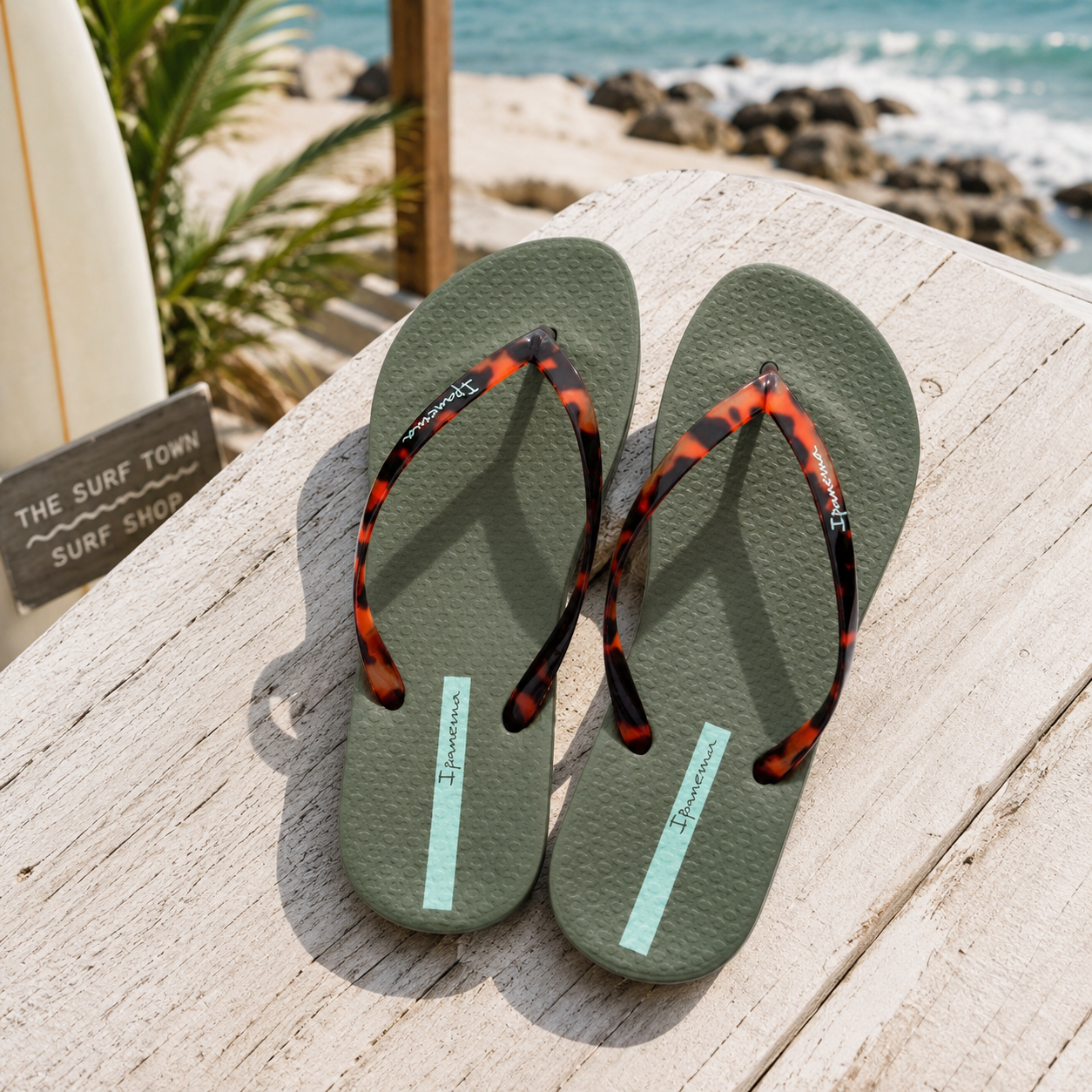 Chanclas Ipanema mujer verdes con tiras efecto carey en ambiente beach club premium mediterráneo