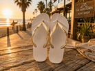 Chanclas Ipanema Anatomica Tan Fem beige y gold para mujer en paseo marítimo surf lifestyle premium al atardecer