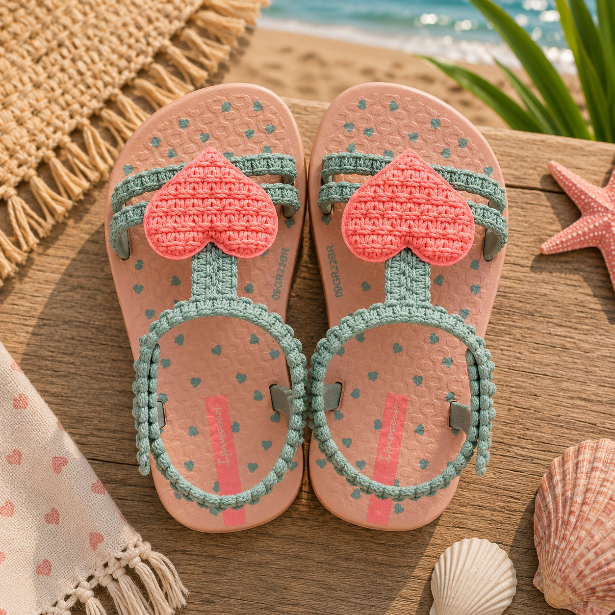 Sandalias bebé Ipanema rosa y verde con corazón delantero en ambiente playa mediterránea surf lifestyle
