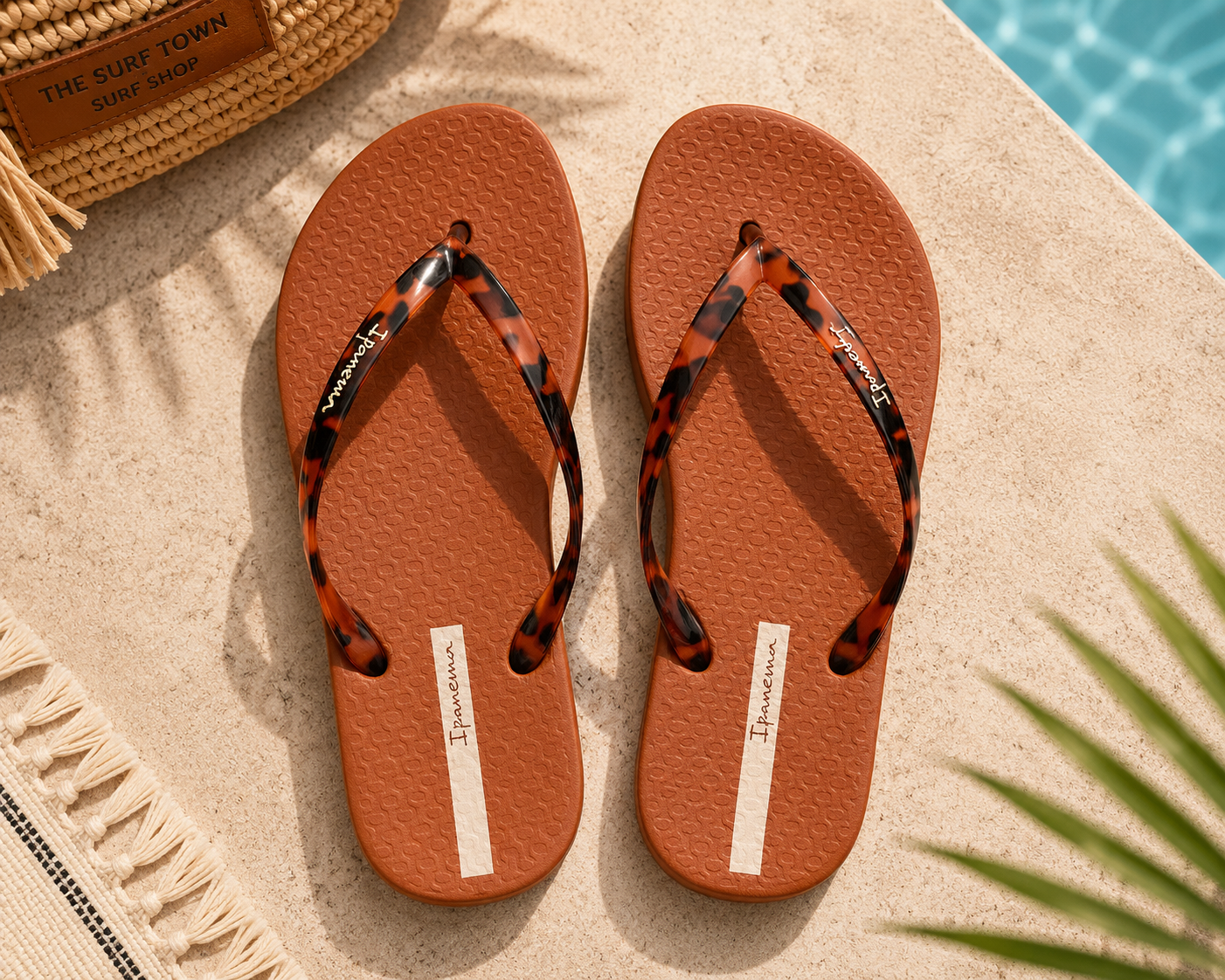 Chanclas marrones Ipanema para mujer con tiras animal print en ambiente mediterráneo premium